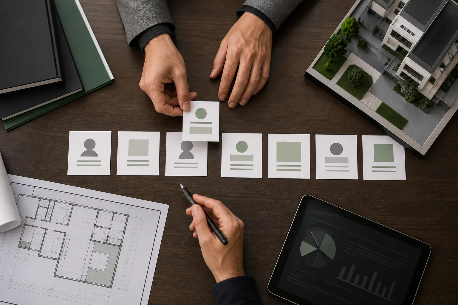 Representação editorial das etapas de um funil de vendas imobiliário